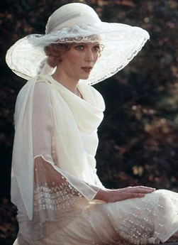 Mia Farrow as Daisy Buchanan in film The Great Gatsby(1974), whose costume was designed by Theoni V. Aldredge and executed by Ralph Lauren