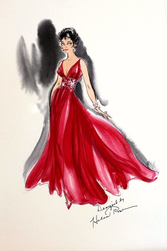 Sketch of Elizabeth Taylor's red gown in her film The Last Time I saw Paris(1954), designed by Helen Rose