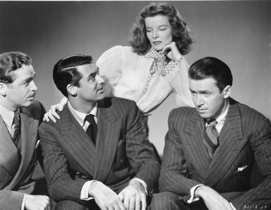 Katharine Hepburn with James Stewart, Cary Grant and John Howard in film The Philadelphia Story
