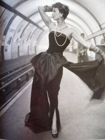 Barbara Goalen in evening gown by John Cavanagh, Photo by John French,Covent Garden, London, 1954