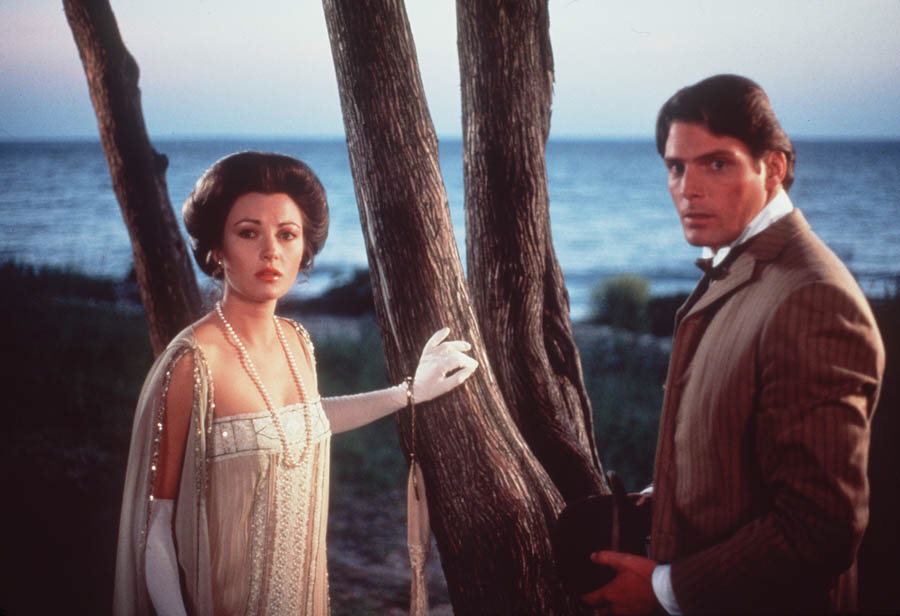 English actress Jane Seymour in film Somewhere in Time(1980) with Christopher Reeve, 1980