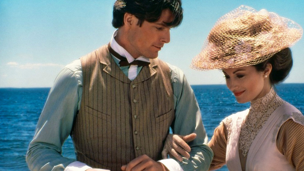 English actress Jane Seymour in film Somewhere in Time(1980) with Christopher Reeve, 1980