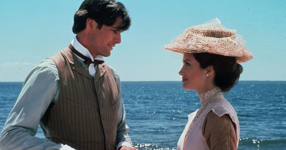 English actress Jane Seymour in film Somewhere in Time(1980) with Christopher Reeve, 1980