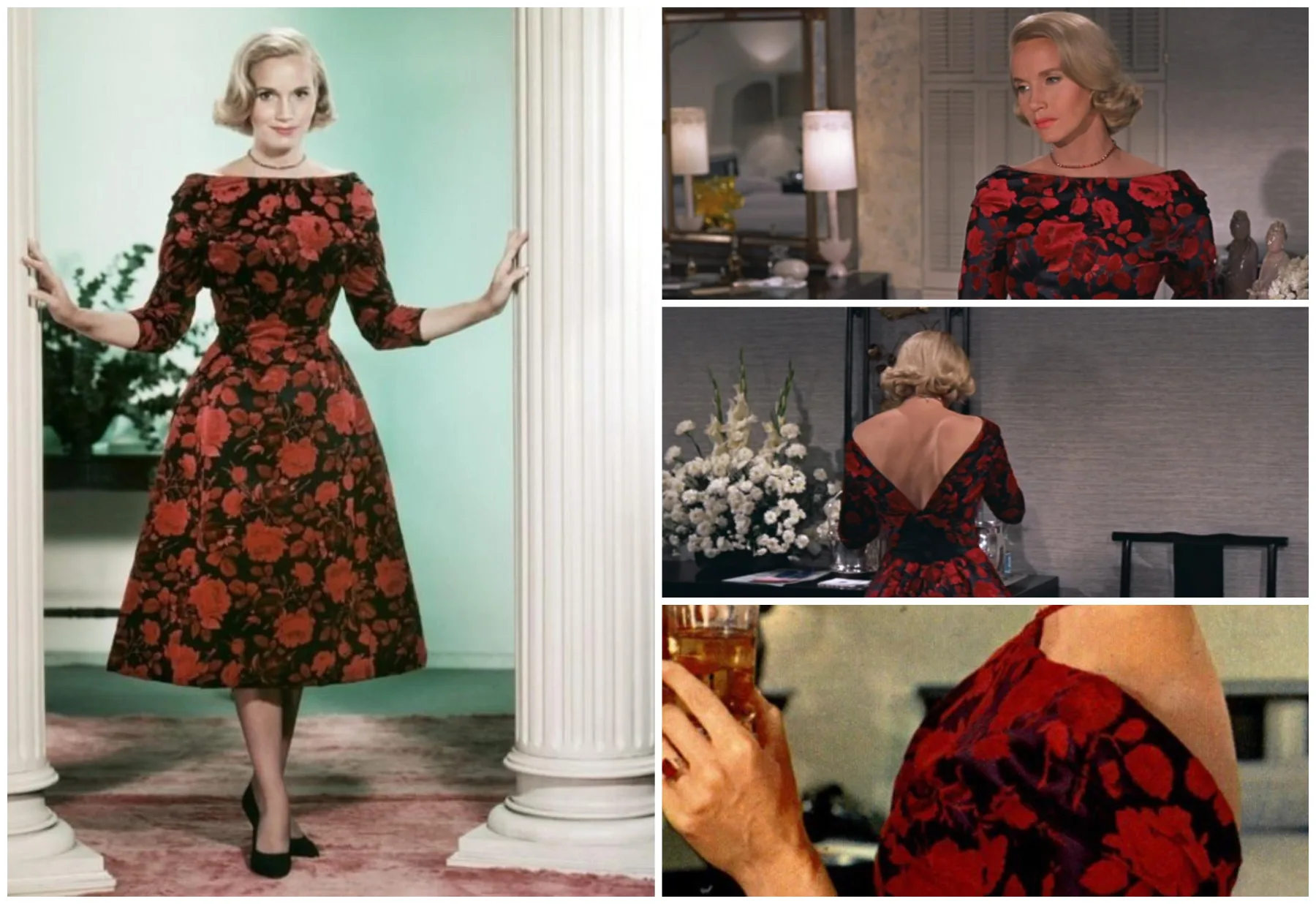 Close view of the fitted bodice and red roses of Eva Marie Saint's black silk dress in North by Northwest (film, 1959)