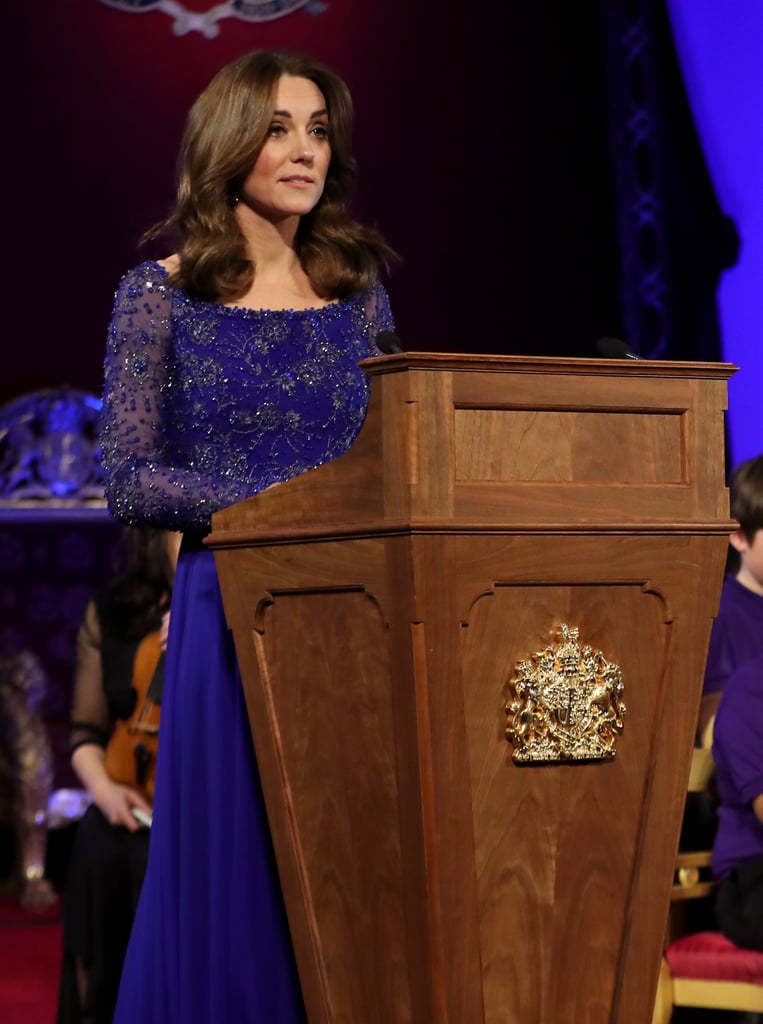 Kate Middleton in royal blue Jenny Packham gown
