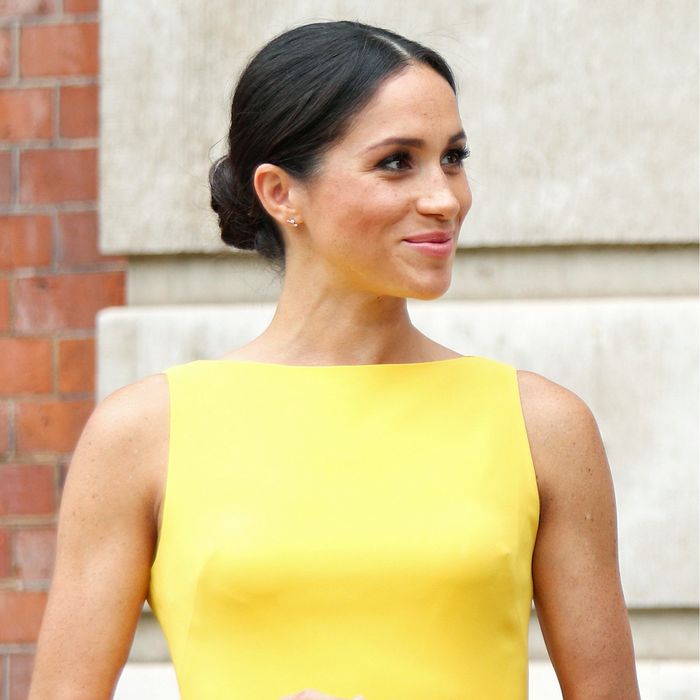 Meghan Markle yellow sleeveless pencil dress with bateau neck by Brandon Maxwell