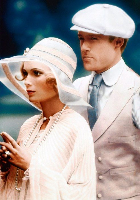 Mia Farrow and Robert Redford in film The Great Gatsby(1974),  her costume was designed by Theoni V. Aldredge