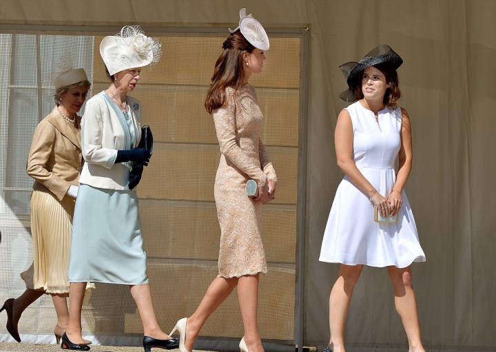 Kate Middleton blush boat neck knee-length lace dress custom made by Alexander McQueen, Queen's second garden party at Buckingham Palace, 2014