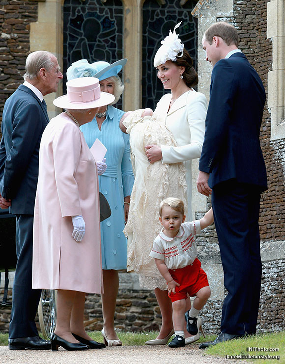 Kate Middleton Duchess of Cambridge bespoke wing lapel wool silk coat dress by Alexander McQueen Charlotte Christening 2015