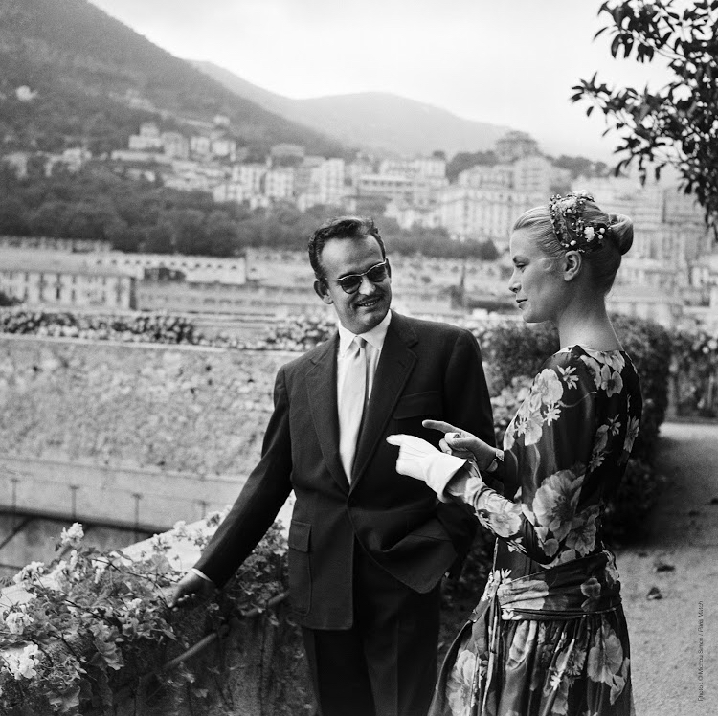 Grace Kelly square neck floral dress by McCall on her first meeting with Prince Rainier III in Monaco in 1955