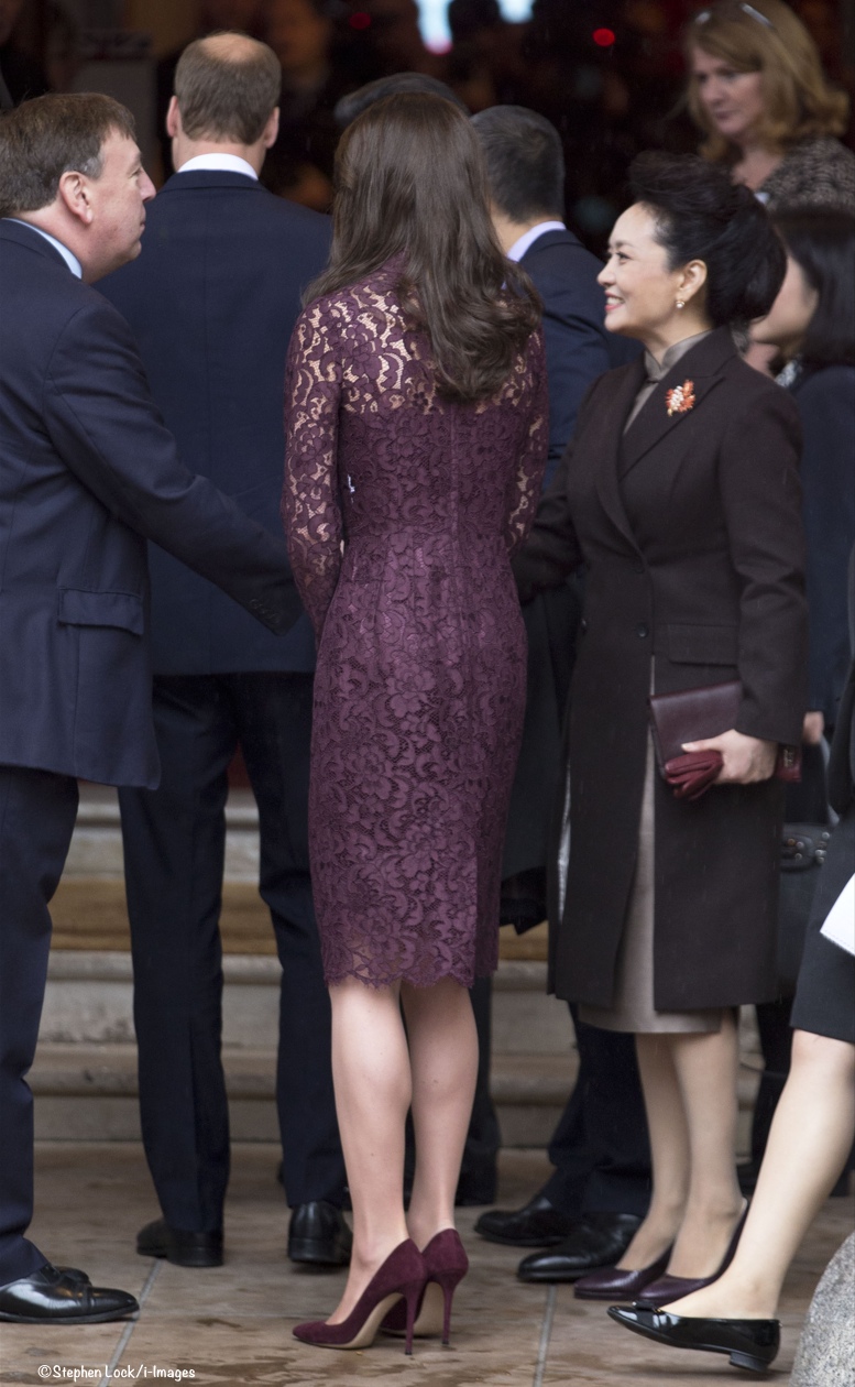 Kate Middleton eggplant guipure lace dress of high mandarin neck by Dolce&Gabbana
