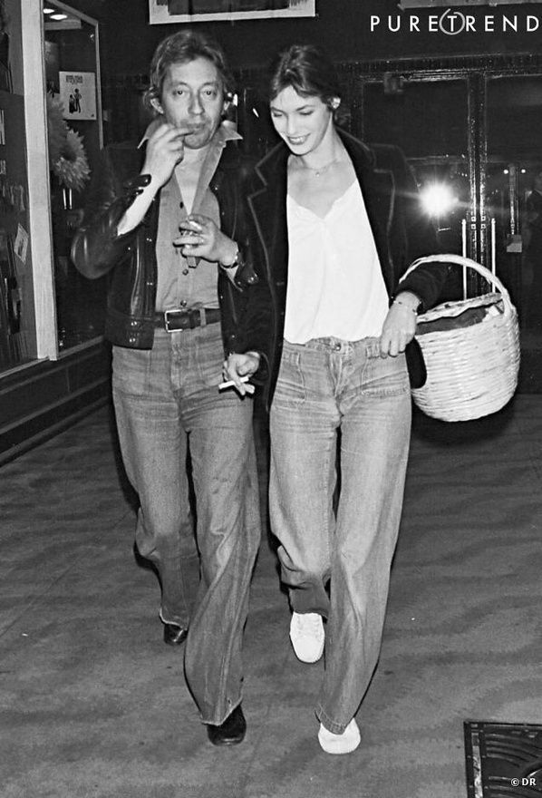 Jane Birkin carrying her omnipresent wicker basket, with Serge Gainsbourg