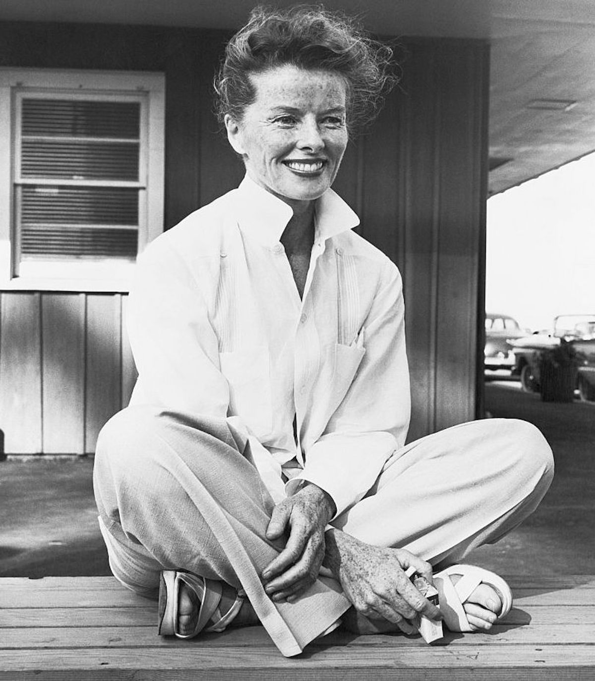 Katharine Hepburn in white shirt