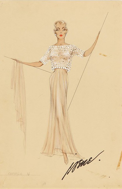 Marlene Dietrich in costume designed and sketched by Irene