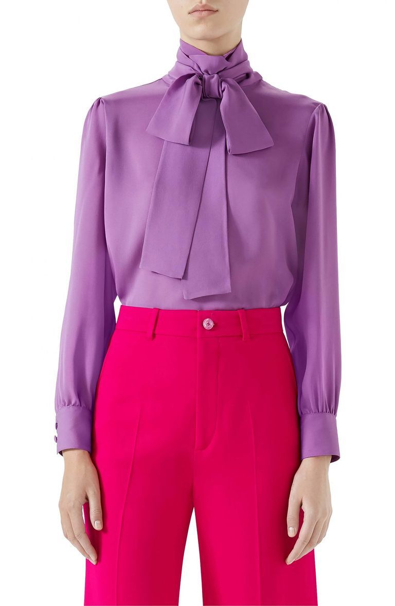 Kate Middleton Gucci purple/violet pussy-bow silk blouse with cloth buttons