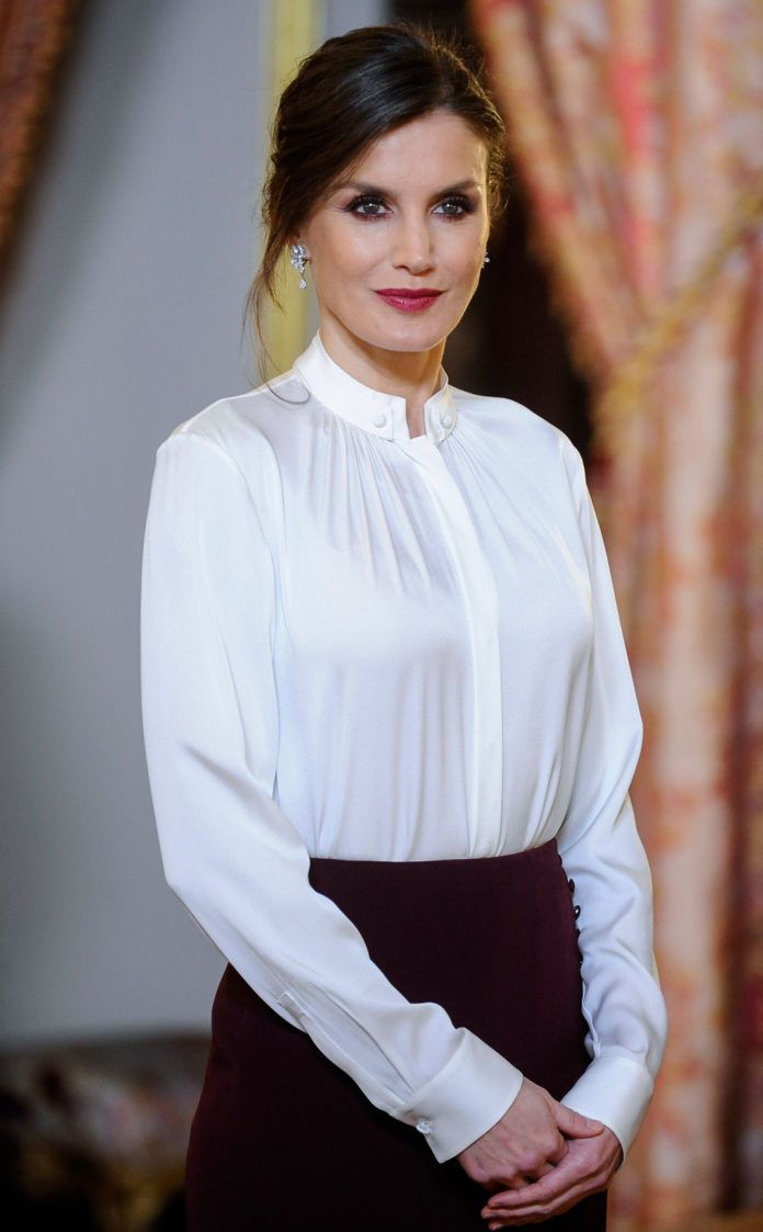 Elegant style icon wardrobe essentials: Queen Letizia of Spain in white shirt