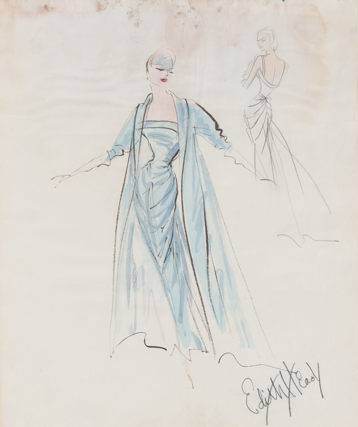 Grace Kelly ice blue French silk satin gown for Oscar Ceremony 1955 designed by Edith Head: sketch of Edith Head for the gown and matching coat