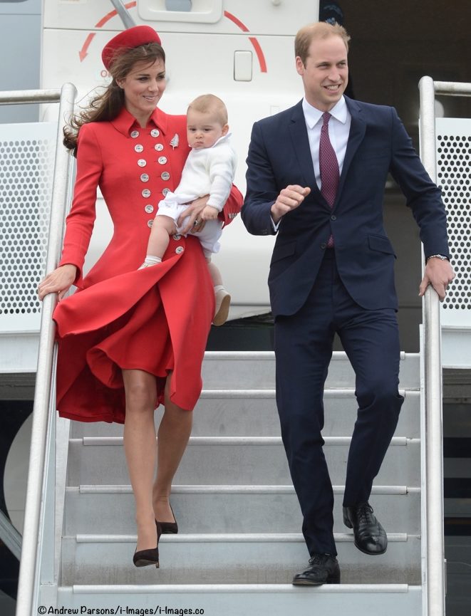 Kate Middleton red double breast military style Russian Greatcoat with gold buttons custom made by Catherine Walker