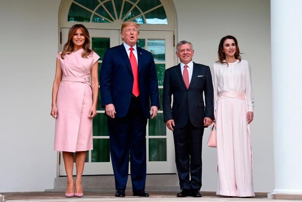 Queen Rania of Jordan pink satin-trimmed crepe wide-leg pants by Adeam