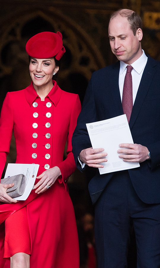 Kate Middleton red double breast military style Russian Greatcoat with gold buttons custom made by Catherine Walker