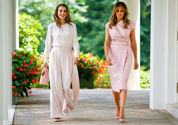 Queen Rania of Jordan pink satin-trimmed crepe wide-leg pants by Adeam