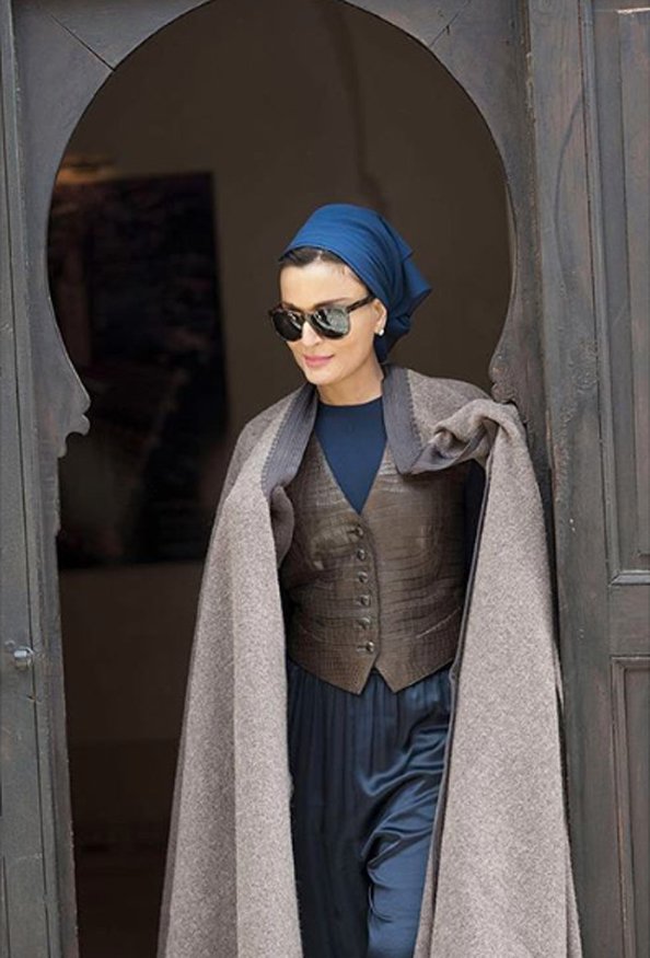 Elegant style icon wardrobe essentials: Sheikha Mozah bint Nasser Al-Missned in headscarves
