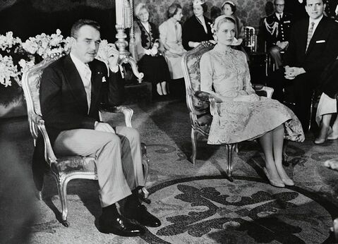 Grace Kelly on her civil wedding day with Prince Rainier, wearing wedding dress designed by Helen Rose, April 18, 1956