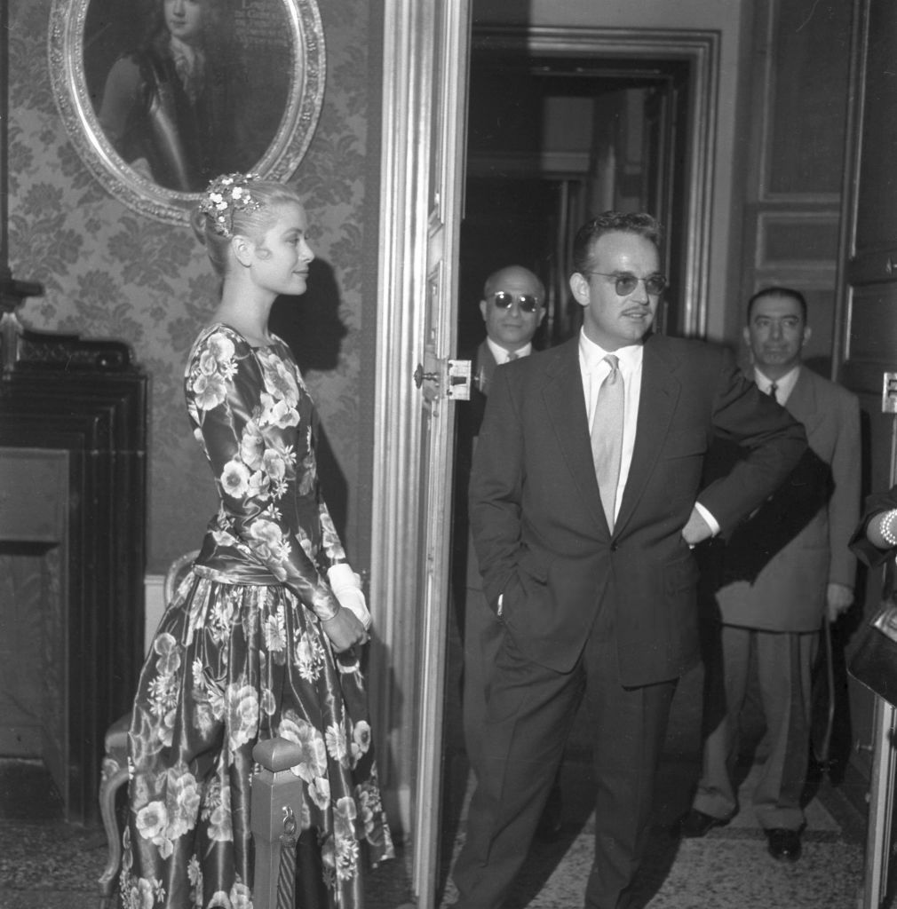 Grace Kelly square neck floral dress by McCall on her first meeting with Prince Rainier III in Monaco in 1955