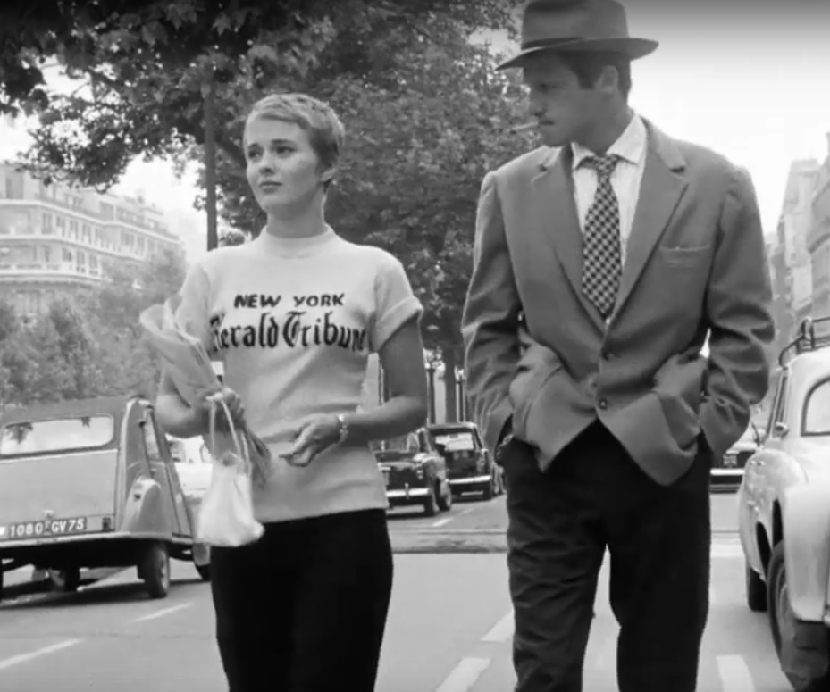 Jean Seberg and Jean Bel Mondo in film Breathless (French title: À bout de souffle, 1960) 