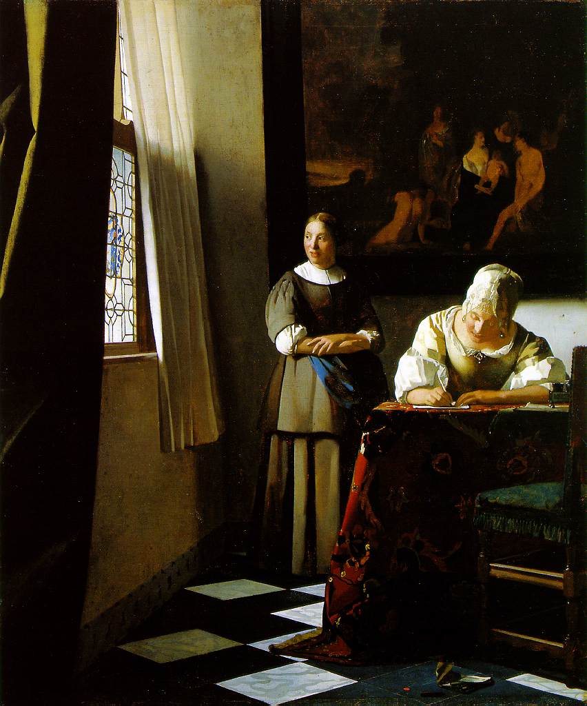 Lady writing a letter with her maid