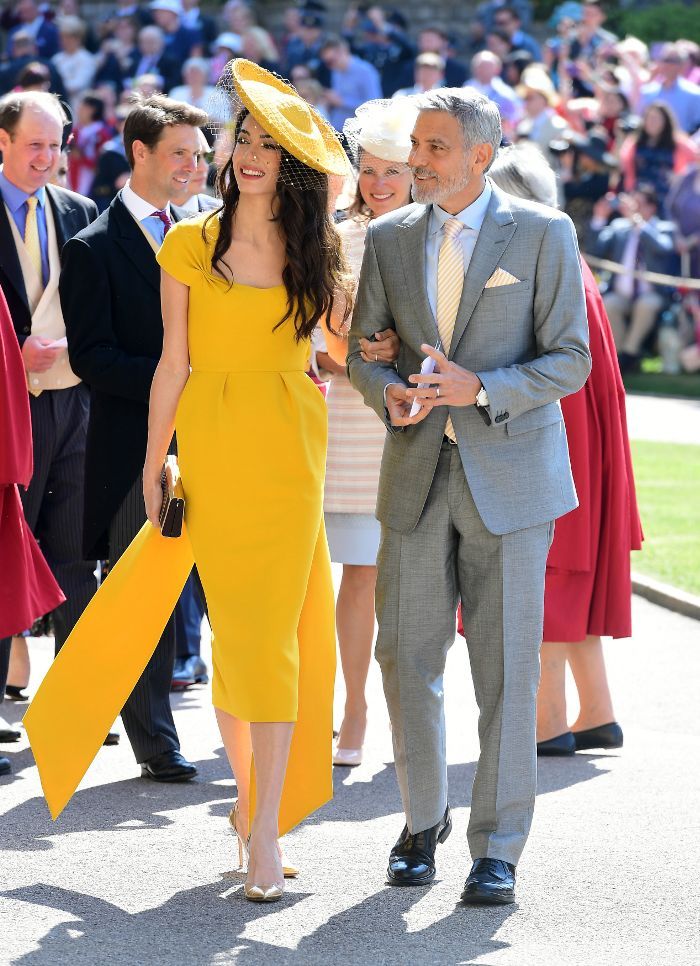 Amal Clooney yellow  tie-back crepe dress on Meghan Markle royal wedding custom made by Stella McCartney