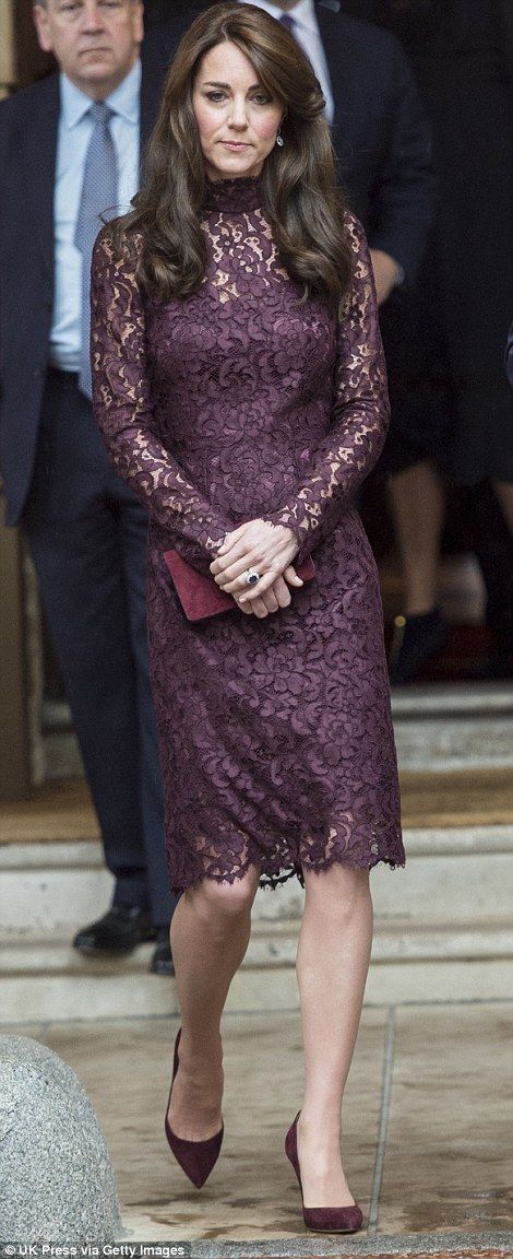 Kate Middleton eggplant guipure lace dress of high mandarin neck by Dolce&Gabbana
