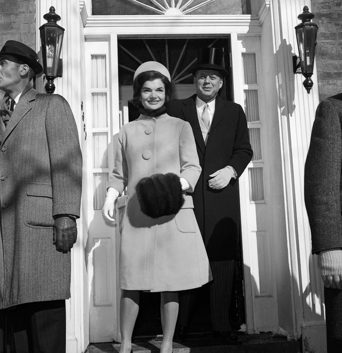 Jackie Kennedy wearing beige coat with her husband the President John F. Kennedy on the Inauguration day, 20 January 1961