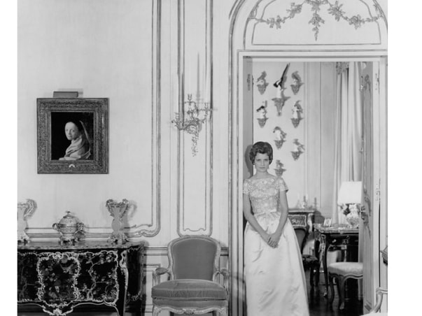 Jayne Wrightsman in her New York Apartment, with 'Study of a Young Woman' by Vermeer on the wall beside her