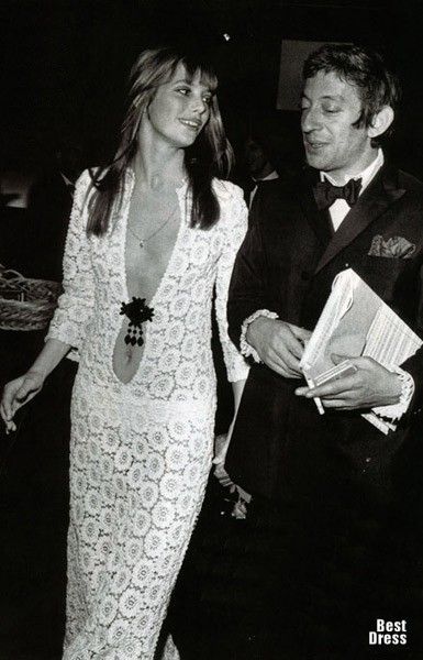 Jane Birkin in Emilio Pucci crochet gown with Serge Gainsbourg