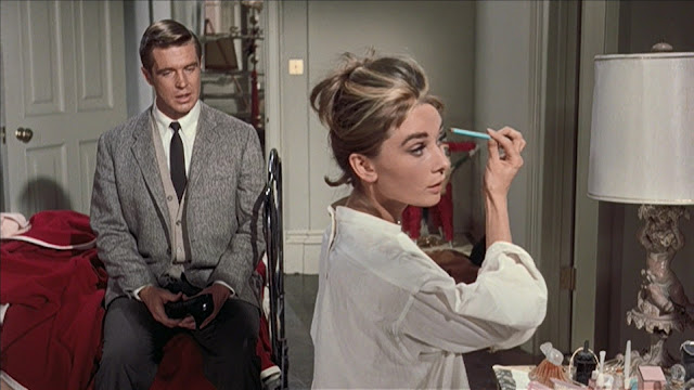 Audrey Hepburn movie costume in film Breakfast at Tiffany's(1961), the complete wardrobe of Holly Golightly:White oversize white blouse with front buttoned bib panel
