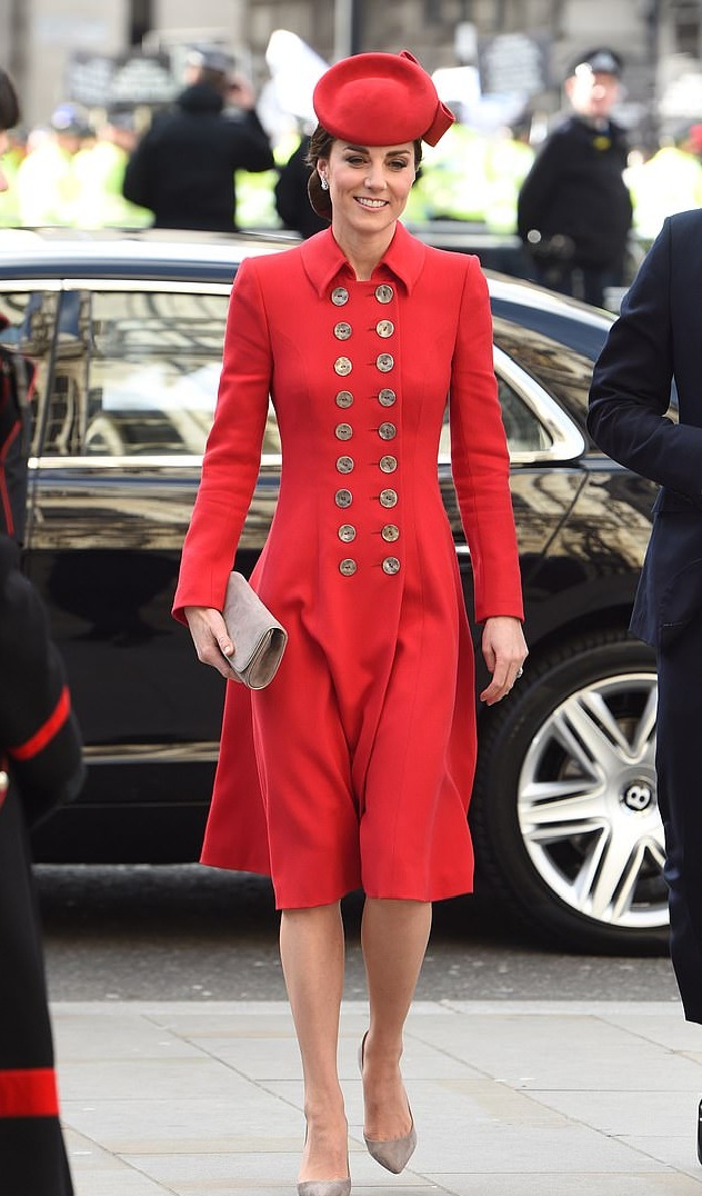 Kate Middleton red double breast military style Russian Greatcoat with gold buttons custom made by Catherine Walker