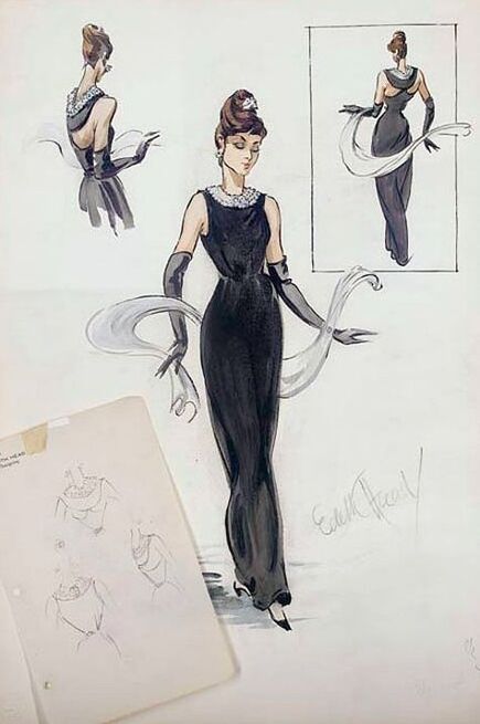 Audrey Hepburn movie costume in film Breakfast at Tiffany's(1961), the complete wardrobe of Holly Golightly:Black floor length sleeveless dress with moonlike back cut-out