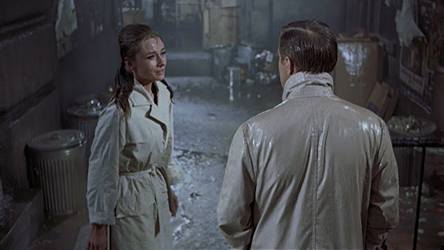 Audrey Hepburn movie costume in film Breakfast at Tiffany's(1961), the complete wardrobe of Holly Golightly: Beige colored trench coat with patch pockets and flare bottom