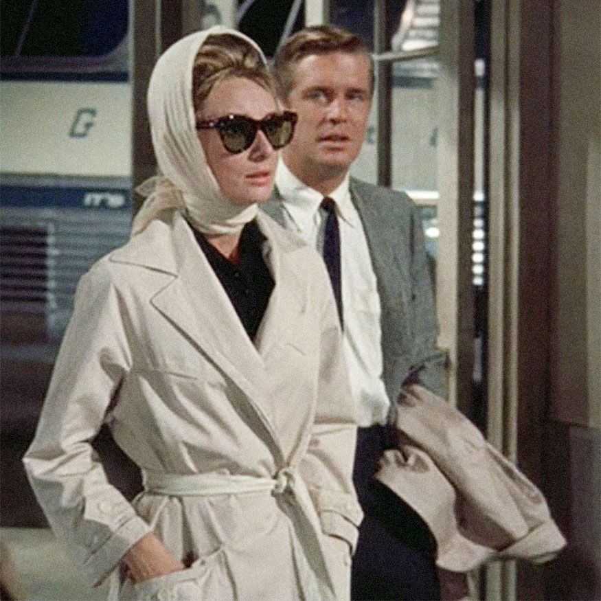Audrey Hepburn movie costume in film Breakfast at Tiffany's(1961), the complete wardrobe of Holly Golightly: Beige colored trench coat with patch pockets and flare bottom