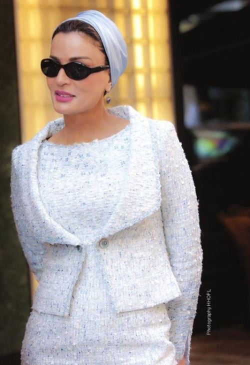 Elegant style icon wardrobe essentials: Sheikha Mozah bint Nasser Al-Missned in headscarves