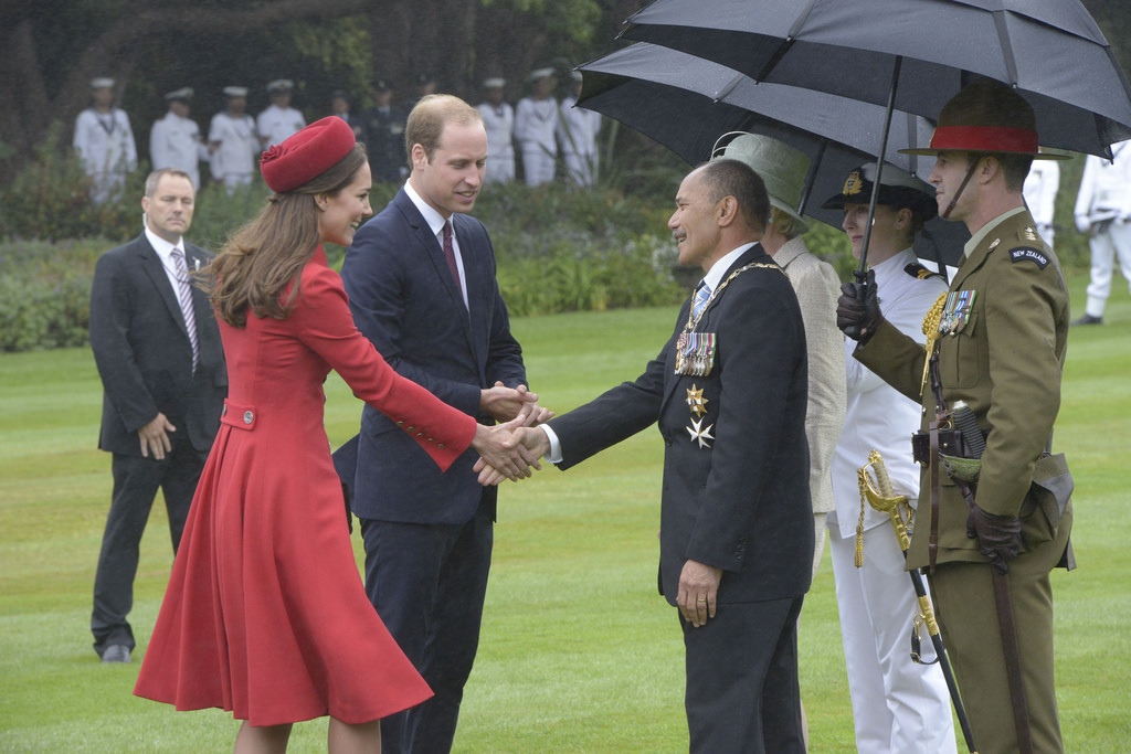 Duke and Duchess of Cambridge greeting the Governor-General of New Zealand, Sir Jerry Mateparae and his wife Janine, Lady Mateparae, April 2014