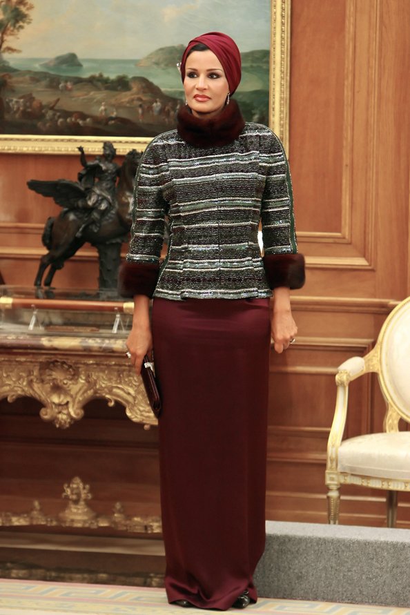 Elegant style icon wardrobe essentials: Sheikha Mozah bint Nasser Al-Missned in headscarves