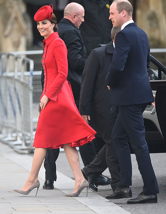 Kate Middleton red double breast military style Russian Greatcoat with gold buttons custom made by Catherine Walker