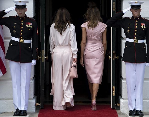 Queen Rania of Jordan pink satin-trimmed crepe wide-leg pants by Adeam