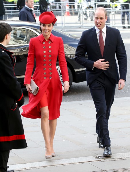 Kate Middleton red double breast military style Russian Greatcoat with gold buttons custom made by Catherine Walker