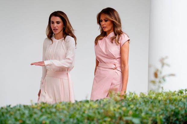 Queen Rania of Jordan pink satin-trimmed crepe wide-leg pants by Adeam