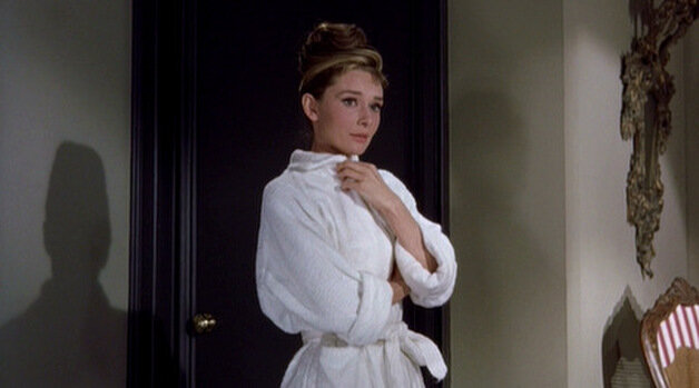 Audrey Hepburn movie costume in film Breakfast at Tiffany's(1961), the complete wardrobe of Holly Golightly: White belted bathrobe with patch pockets