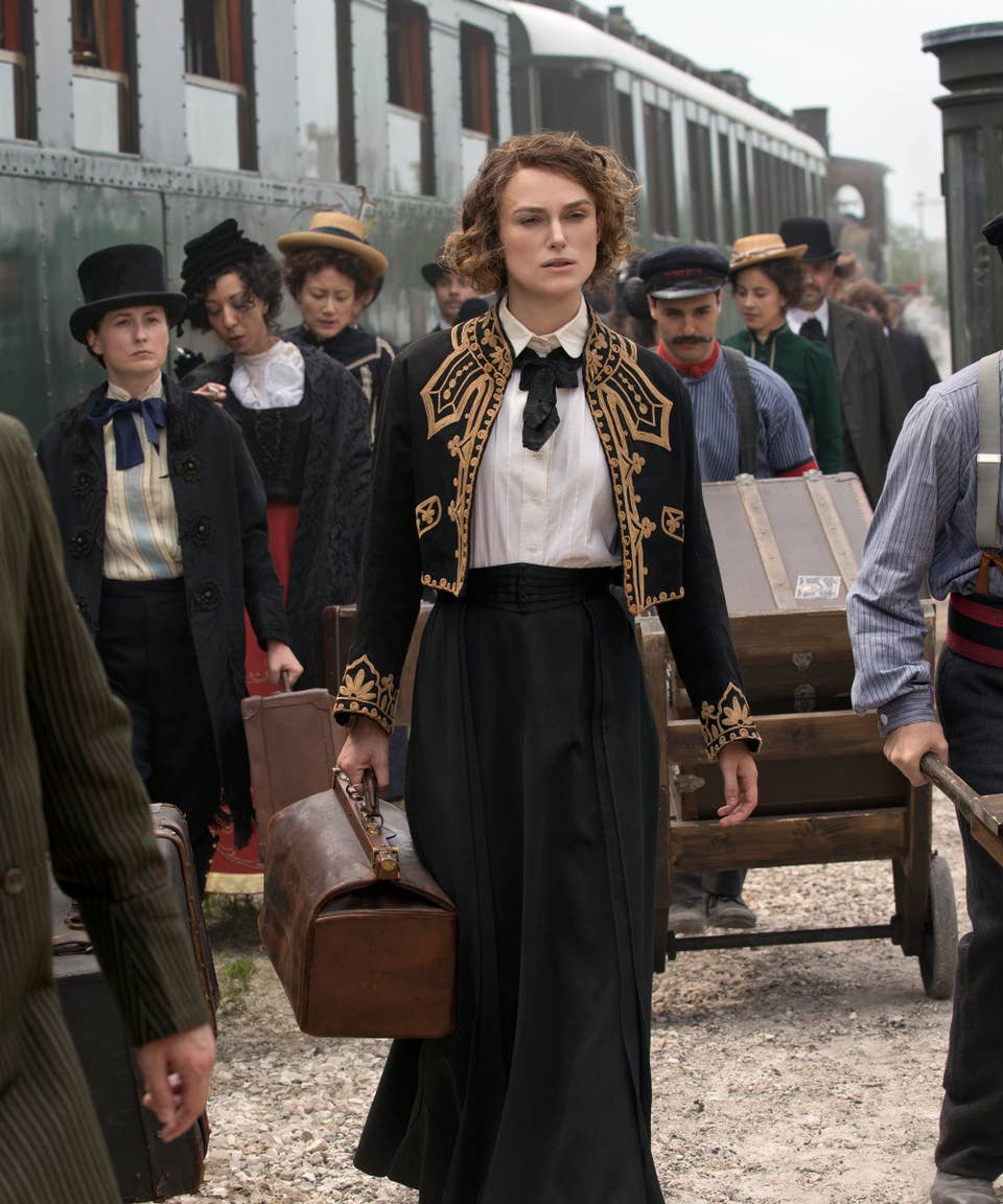 Elegant icon wardrobe essentials: Keira Knightly in white shirt: Keira Knightley in film Colette(2018)