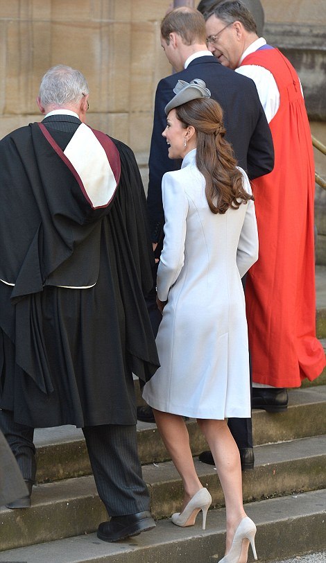 Kate Middleton dove grey coat/coatdress with funnel neck custom made/bespoke by Alexander McQueen, ​20 April 2014